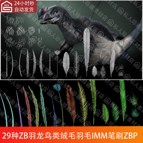zbrush鸟类羽毛皮毛羽翼笔刷ZBP动物绒毛细毛飞羽毛笔刷zb笔刷