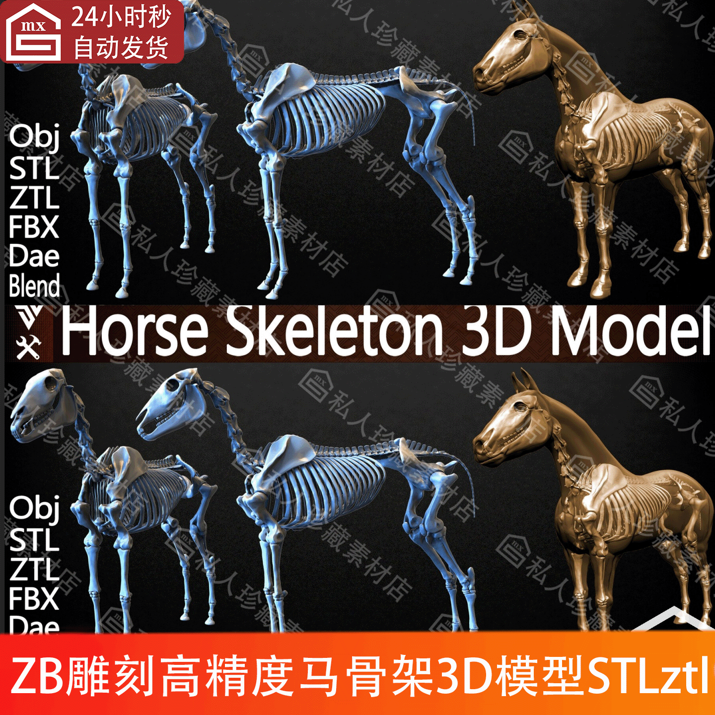 ZBrush雕刻高精度马匹骨架3d模型STL骏马骨骼骨头高模C4D blender