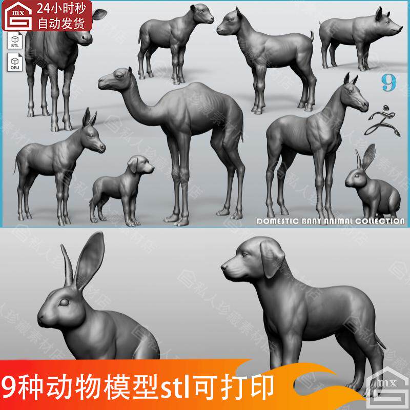 zbrush动物幼崽小羊小狗猪仔兔崽小牛犊骆驼驴马驹3d模型高模ztl