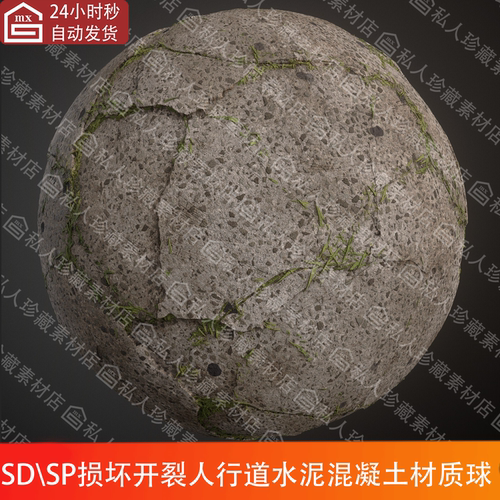 Substance Designer道路裂纹损坏碎石人行道混凝土纹理SP材质球sd