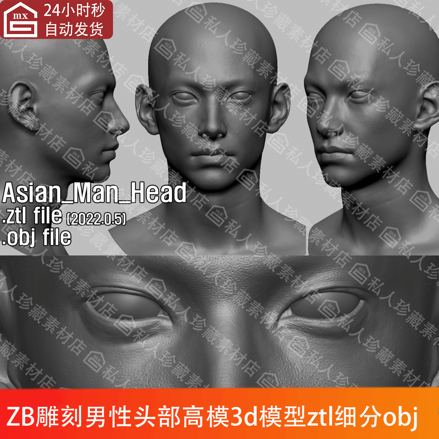 ZBrush亚洲男性帅哥人头部头像肖像雕刻3d模型ztl高精度ZB高模obj