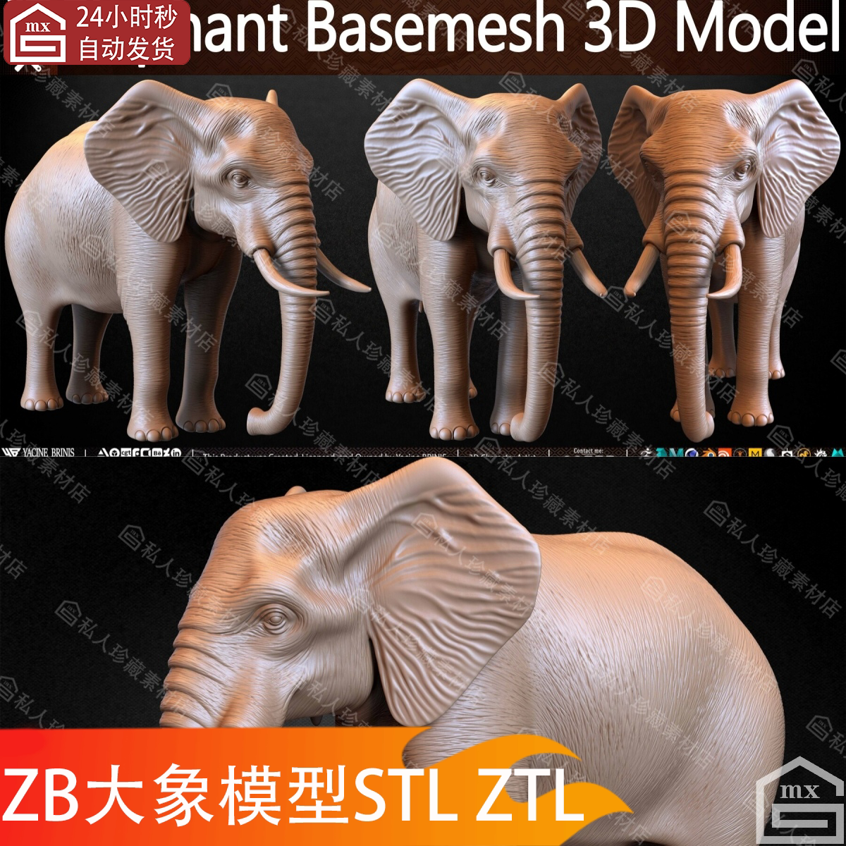zbrush动物大象3d模型stl高模白膜三维模型ZB雕刻模型stl可3d打印