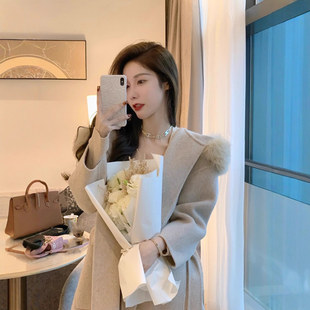 设计感羊绒双面呢子韩系中款大衣秋冬女装小个子气质收腰毛呢外套