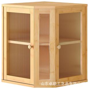 竹木面盒房台面转厨包食物整理储物木盒波纹透明门实木面包角箱