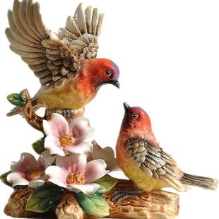 乡村陶瓷红小鸟摆一对园喜鹊双鸟田PEG中式 家居书房电视柜小件摆