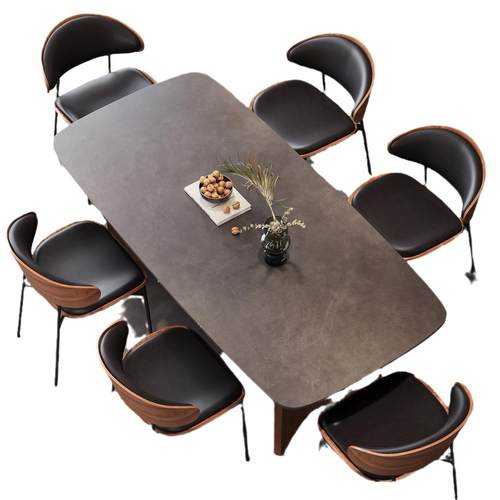 法式复古胡桃木色实木岩板餐桌客厅家用轻奢现代简约意式黑色饭桌