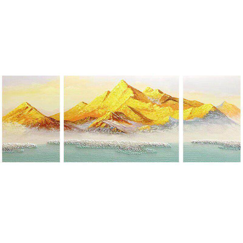 手绘油画日照金山三联画现奶油风客厅沙发背景墙挂画轻奢级感