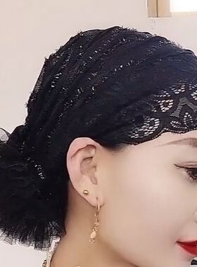 2024新款后花打底帽假发帽女士丝巾蕾丝网纱帽春夏薄款遮白发包头