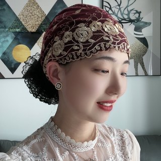 四季刺绣花朵包头帽薄款发带帽子蕾丝花帽洋气白发时尚居家发带帽