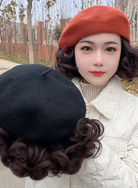 帽子假发女短卷发全头套时尚洋气秋冬贝雷帽假发一体式妈妈款头套