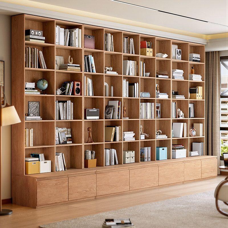 实木橡木书柜书房满墙卡座一体书架客厅到顶摆件整墙展示柜图片