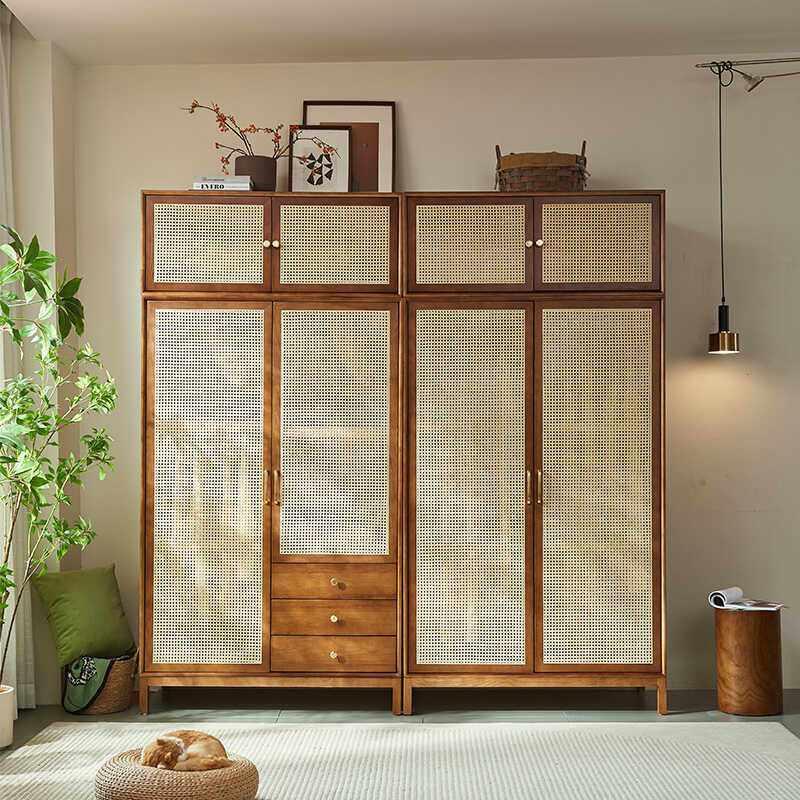 中古风实木藤编衣柜简约收纳储物柜小户型家用侘寂风大衣橱柜