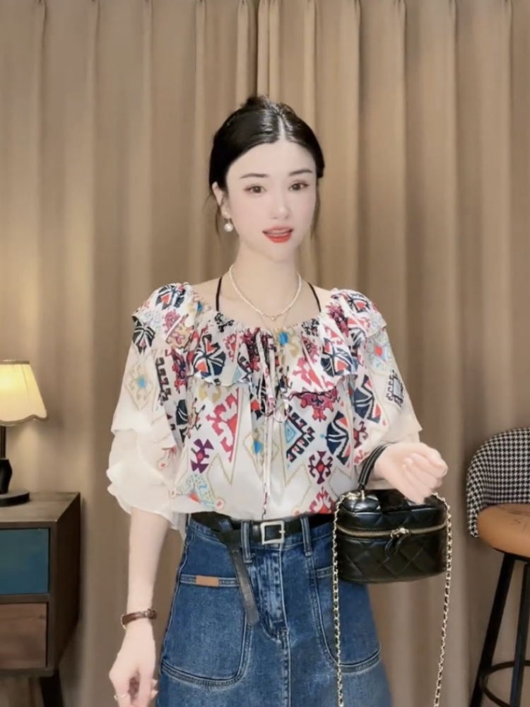 名族风荷叶边气质一字肩短袖衬衫女夏季新款中式薄款减龄碎花上衣