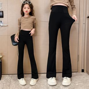 女童加绒裤子冬季儿童女大童瑜珈裤微喇鲨鱼裤秋冬女孩纯色喇叭裤