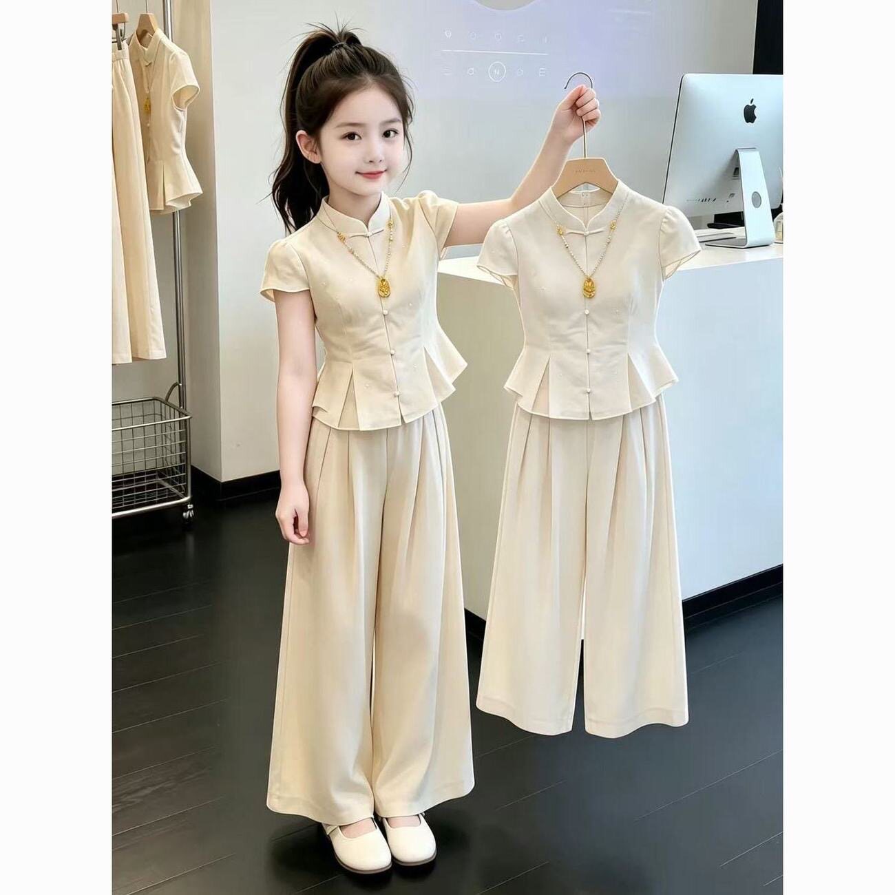 女童套装夏季新中式盘扣阔腿裤中国风汉服中大童洋气旗袍两件套潮