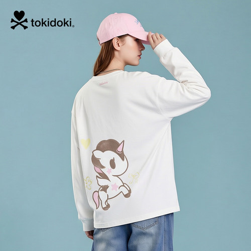 tokidoki少年感后背独角兽印花圆领长袖T恤宽松休闲潮牌打底上衣