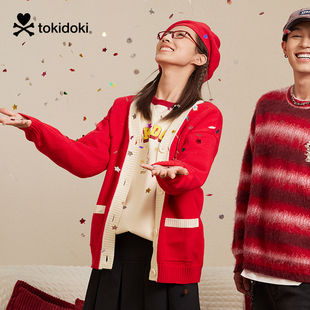 tokidoki淘奇多奇V领撞色针织开衫2024新款秋冬情侣圣诞外套上衣