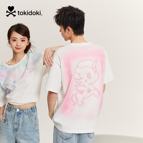 tokidoki2025春季新款潮牌仿牛仔印花短袖T恤男女同款情侣上衣