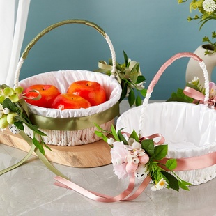 春游手提花篮复活节果篮西式婚礼花童撒花篮子编织结婚喜糖花篮