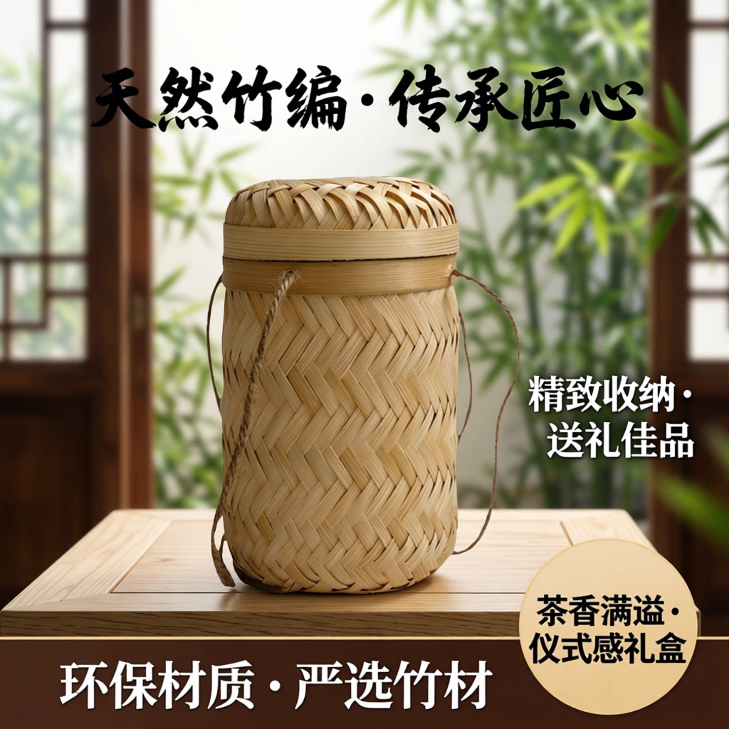 竹盒送礼编织收纳茶叶礼品盒有盖带盖包装盒大号圆形礼品盒竹制品