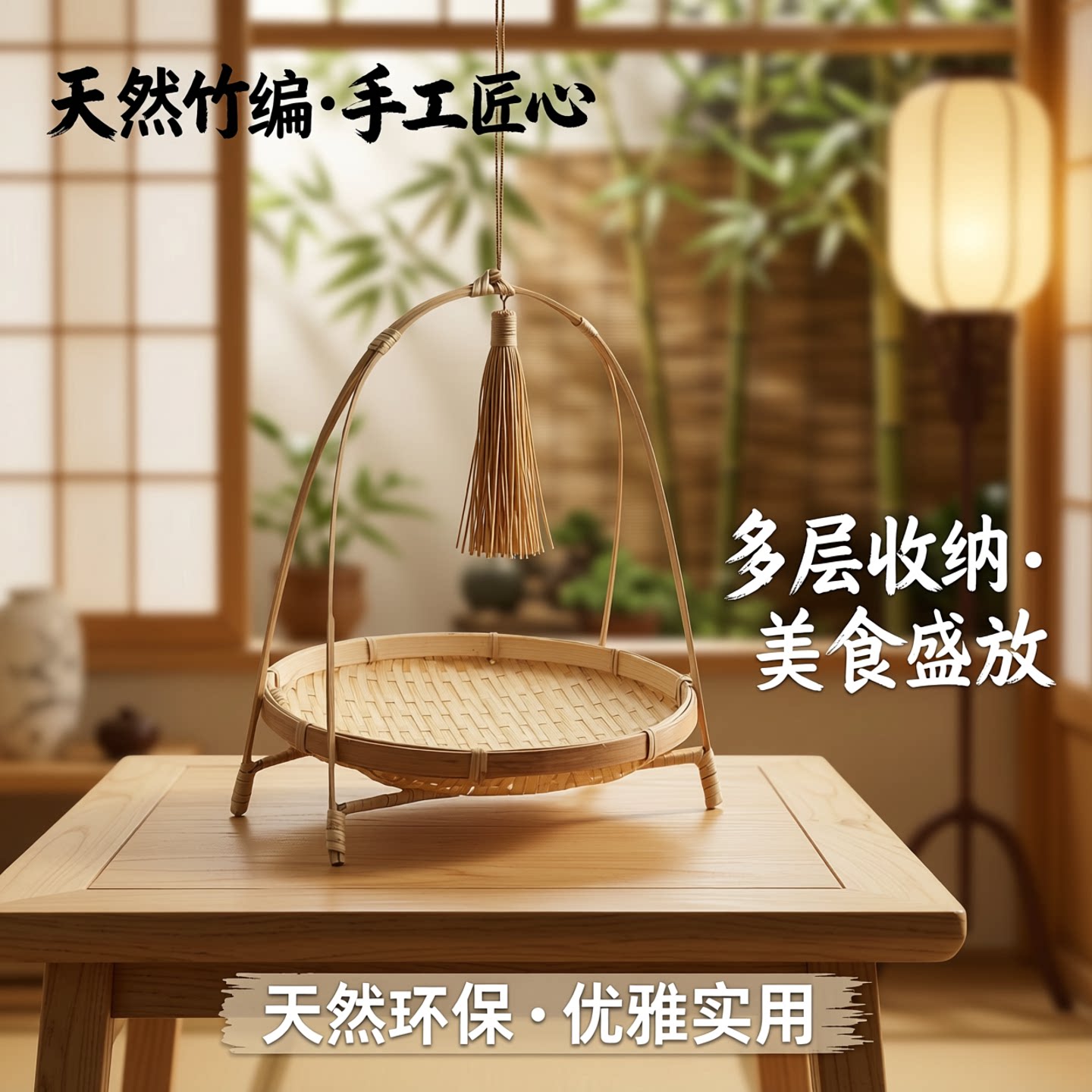 竹编小提篮摆件藤编多层架茶点提手点心盘水果篮托盘火锅盛菜三层