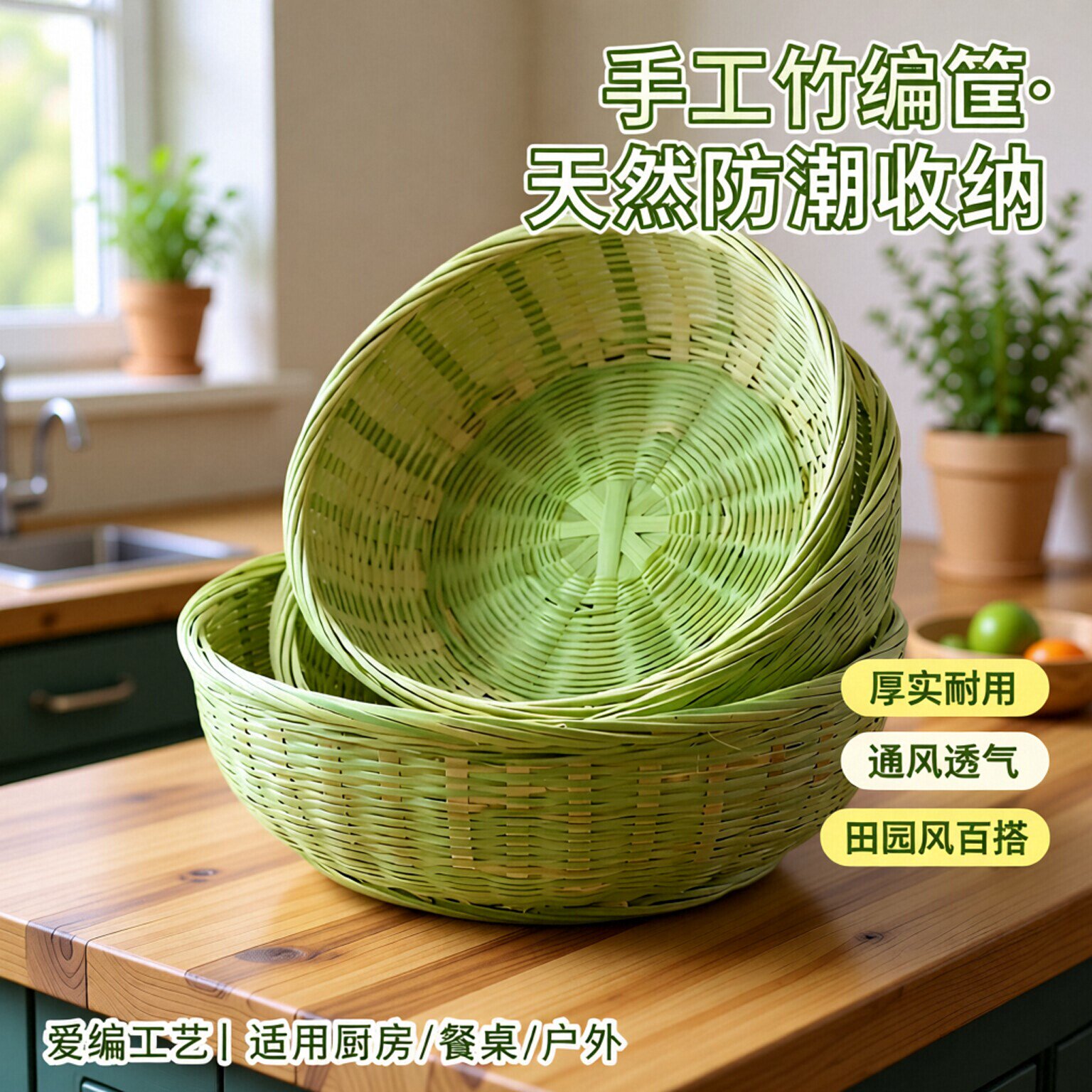 竹编筐手工馍篮竹制品馒头筐家用竹筐水果篮子零食干果收纳篮精编