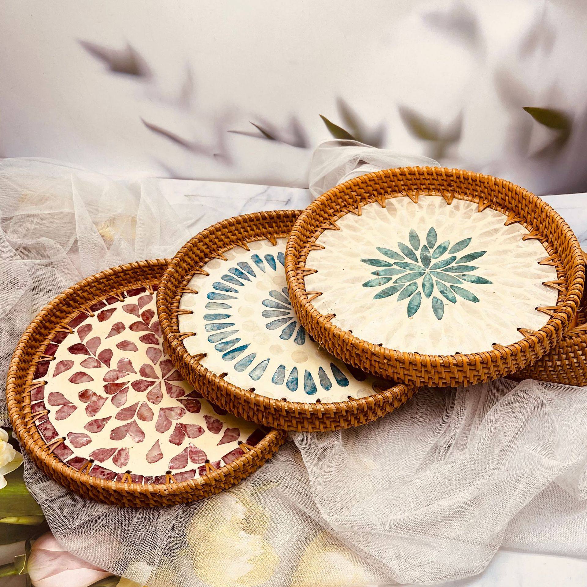 彩贝托盘编织收纳拼接手工藤编茶点圆形花纹波西米亚异域风情贝壳,餐饮具,餐用托盘,淘宝优惠券,粉丝福利购,淘宝优惠卷
