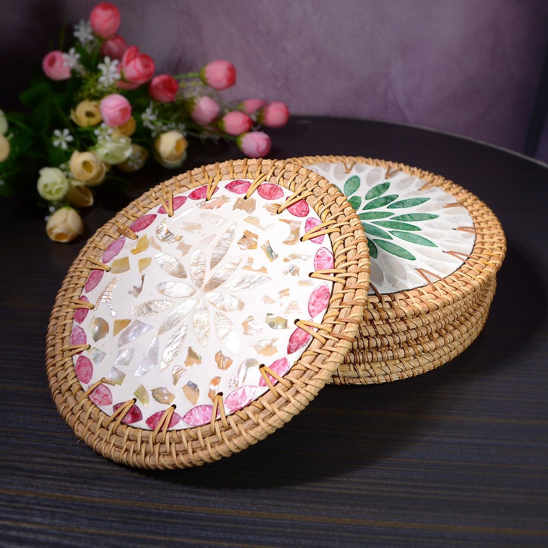 手工彩贝壳杯垫创意天然贝母隔热垫子轻奢木质装饰碗东南亚进口