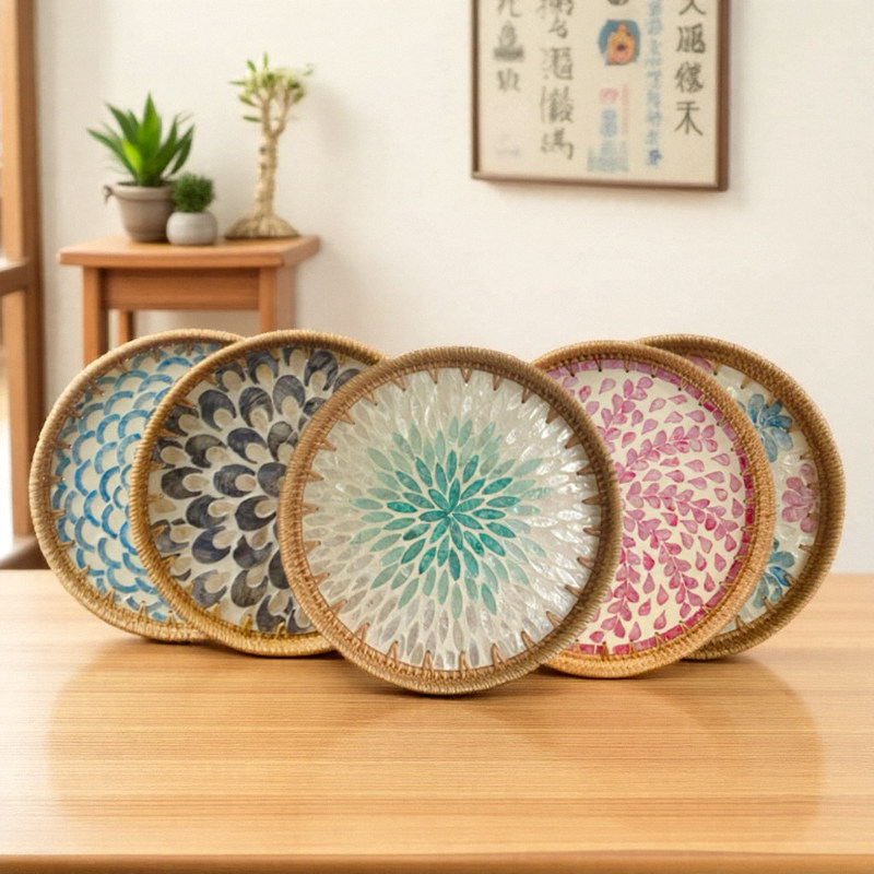 茶几贝壳圆形托盘波西米亚越南藤编大小号酒店宾馆茶具杯子壶收纳,餐饮具,餐用托盘,淘宝优惠券,粉丝福利购,淘宝优惠卷