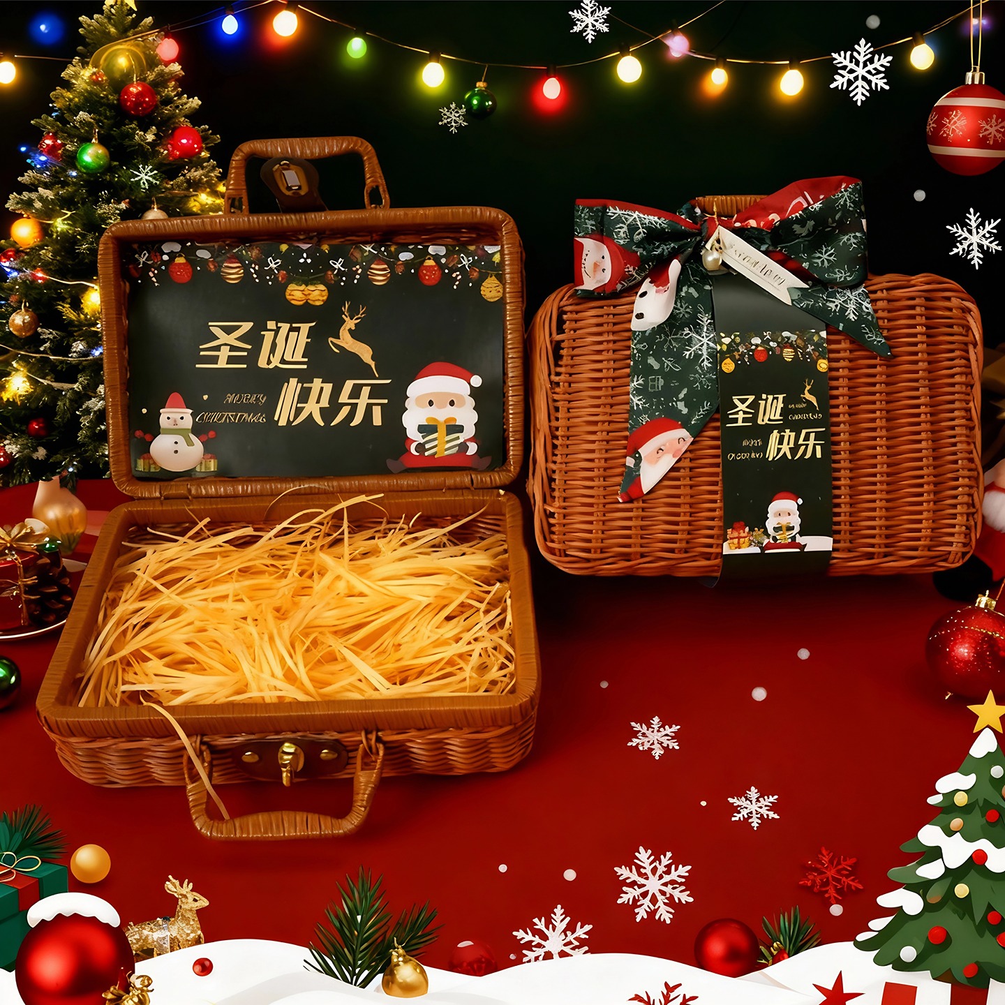 圣诞礼物礼盒包装绑蝴蝶结丝巾丝带藤条编织箱子女生手工空盒拍照