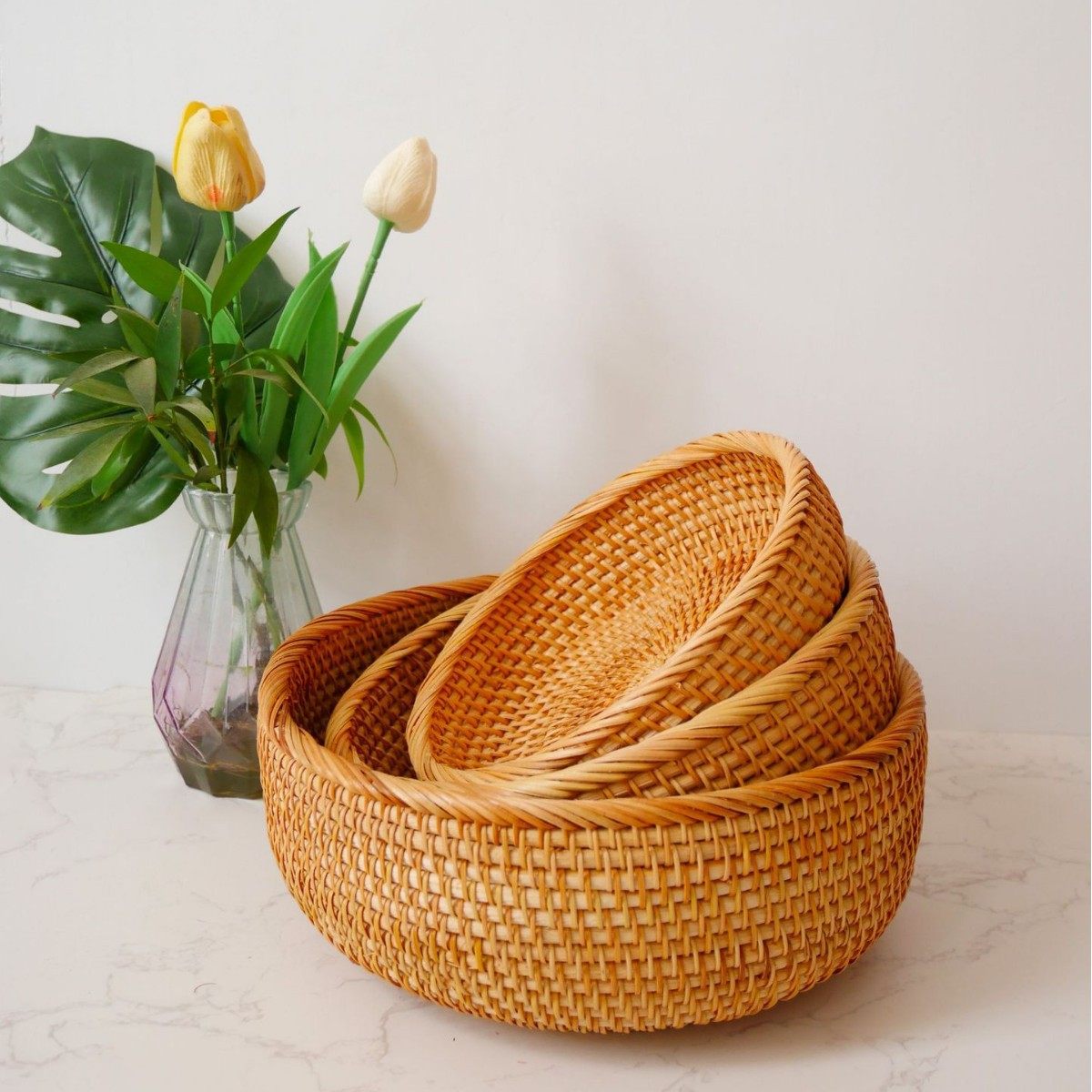 水果篮越南藤编竹编收纳筐客厅圆形编织水果盘草编馒头筐托盘,收纳整理,脏衣篮,淘宝优惠券,粉丝福利购,淘宝优惠卷
