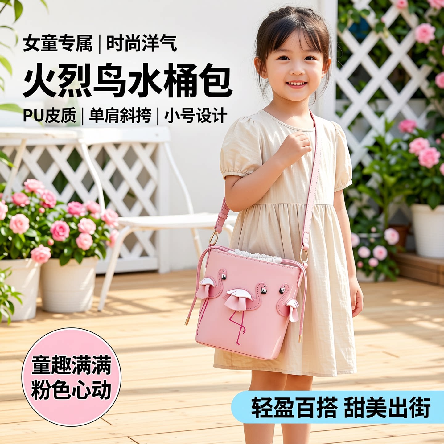 女童包包时尚洋气单肩斜跨手提小号粉红色水桶包PU皮质火烈鸟手拎