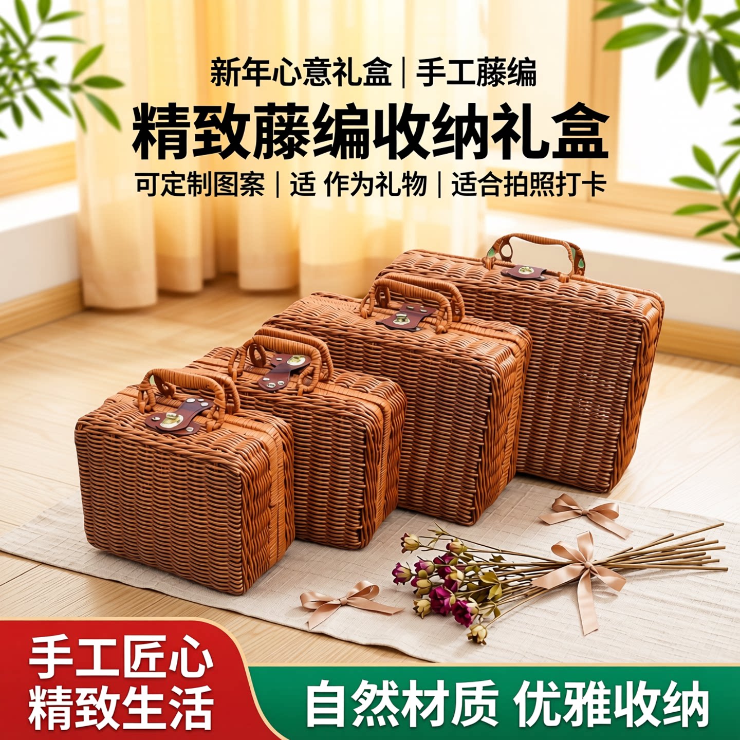 新年礼物礼盒包装绑蝴蝶结丝巾丝带藤条编织箱子女生手工空盒拍照