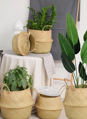 原色综合藤编手提篮子简约家居客厅摆件植物装饰草编手提花盆