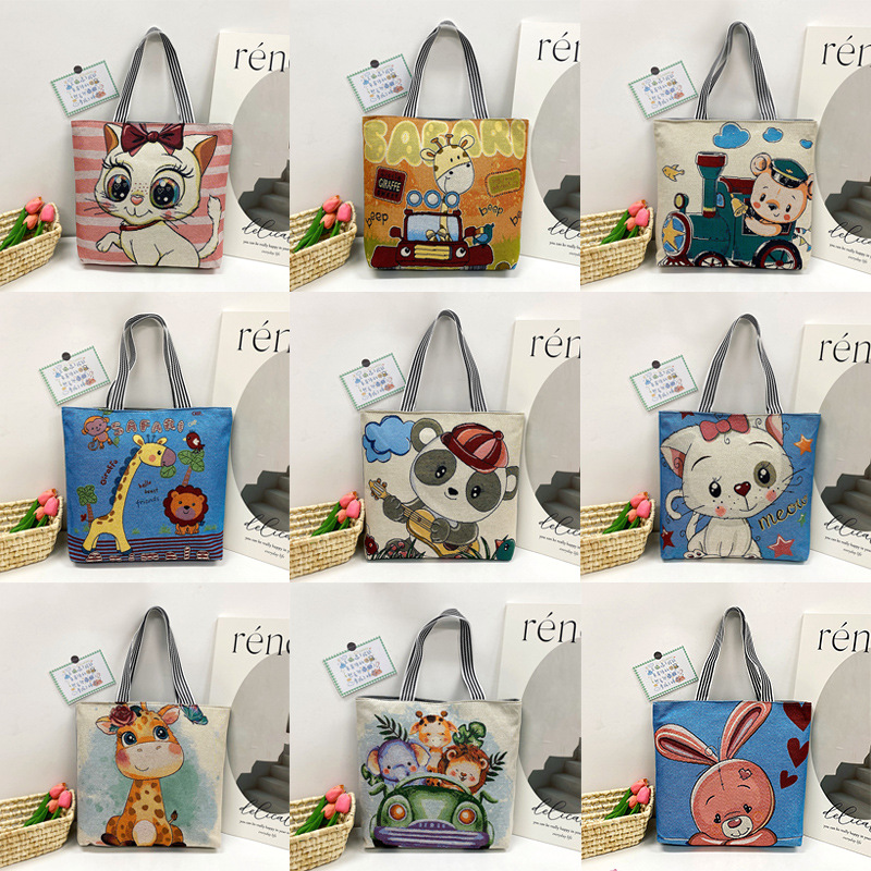 跨境单肩手提包女卡通可爱动物印花托特包亚麻刺绣休闲通勤腋下包