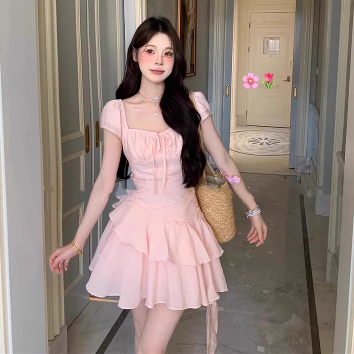 法式绝美漂亮粉色连衣裙