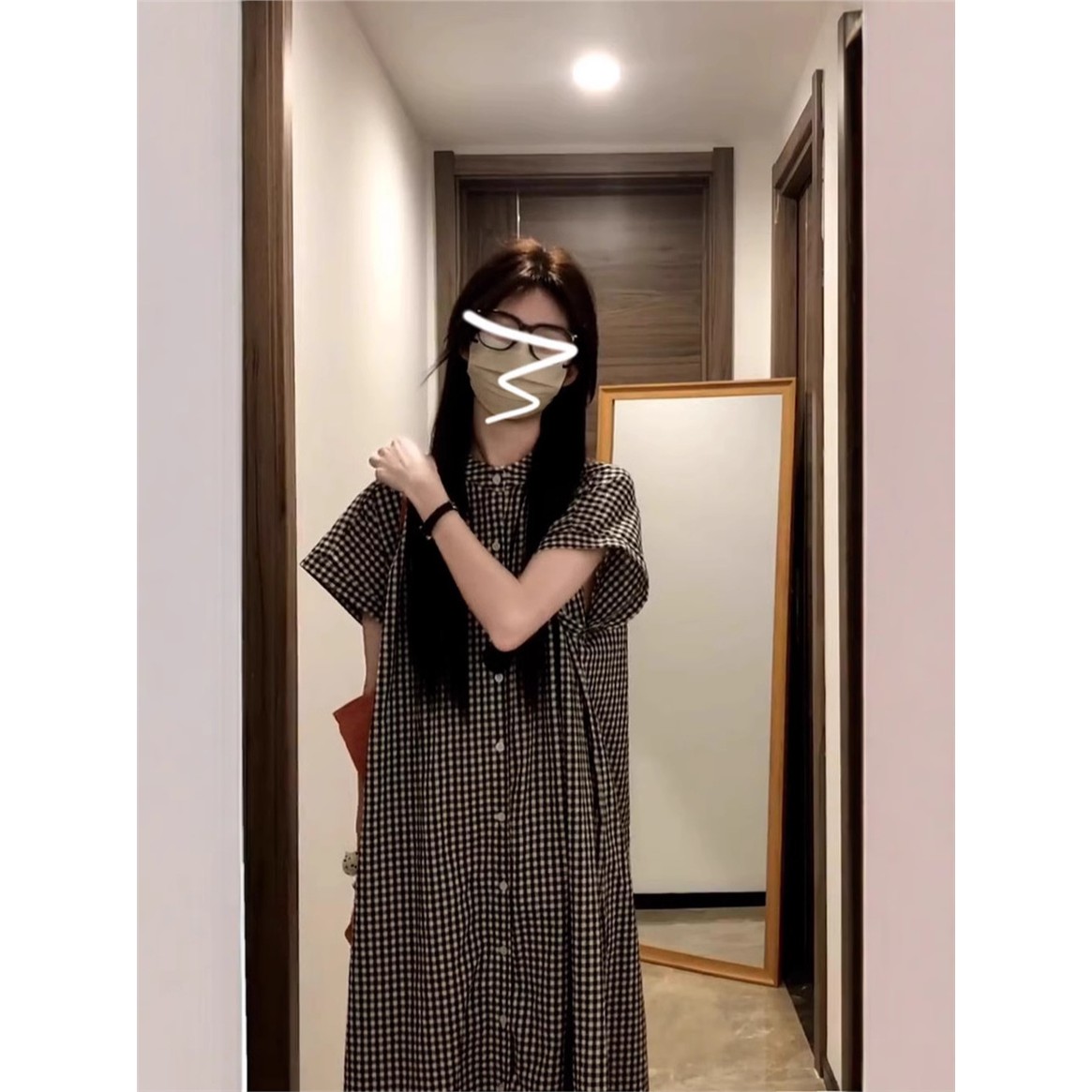 黑白格子短袖连衣裙子女