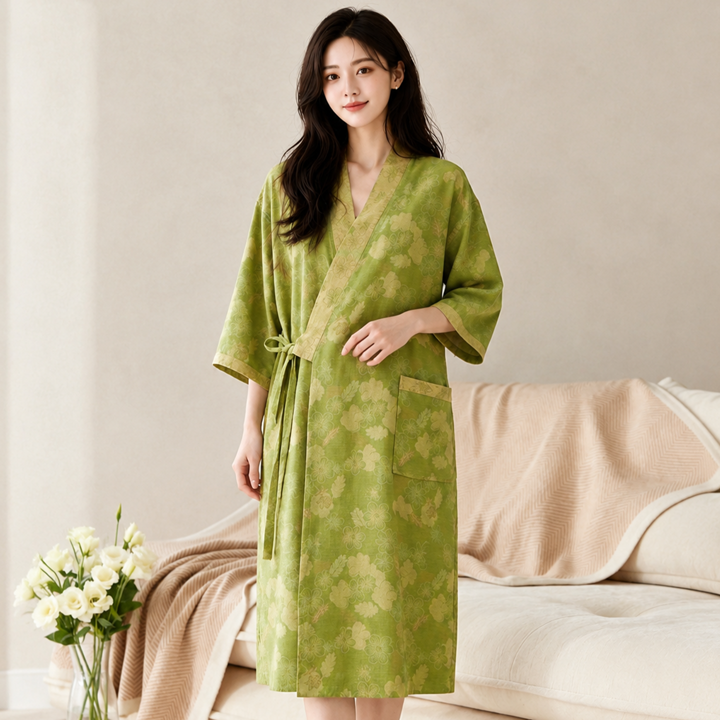纯棉双层棉纱系带浴袍女春夏薄款睡袍情侣款家居服吸水速干浴袍