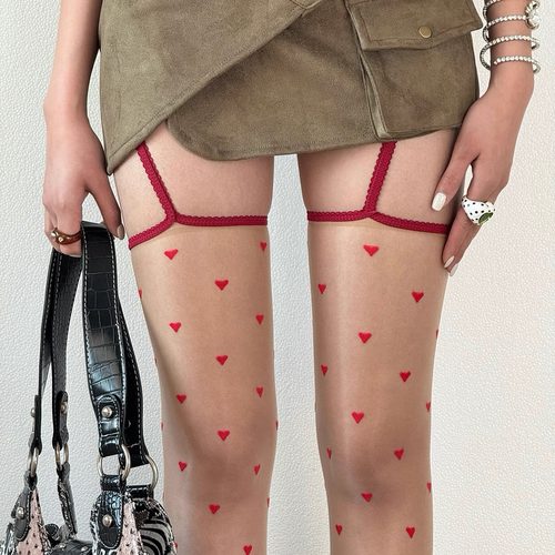 BON轻亚辣妹极光爱心红色吊带袜