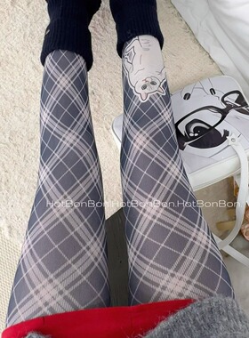 BON 鬼马少女洛丽塔日系可爱学院风蓝色菱形格子猫咪印花连裤袜女