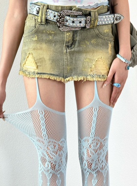 BON 高级感冰蓝色丝袜Z时代千禧辣妹爱心提花性感纯欲风吊带网袜