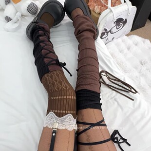 复古美拉德棕色系丝袜少女木耳边过膝长筒绑带腿套y2k叠穿袜 BON