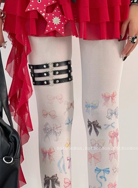BON Doll感少女彩色多重蝴蝶结印花lolita白色连裤袜二次元漫展袜