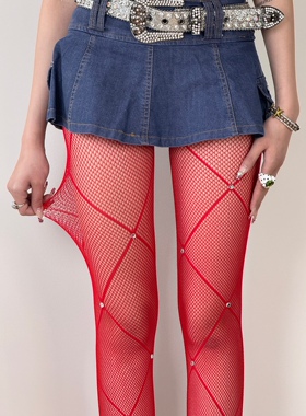 BON 烫钻交叉大菱格网袜性感辣妹闪钻红色丝袜防勾丝美腿连裤袜女