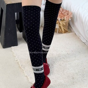 BON 日系复古费尔岛小众提花高筒袜辣妹穿搭千禧风y2k过膝袜秋冬