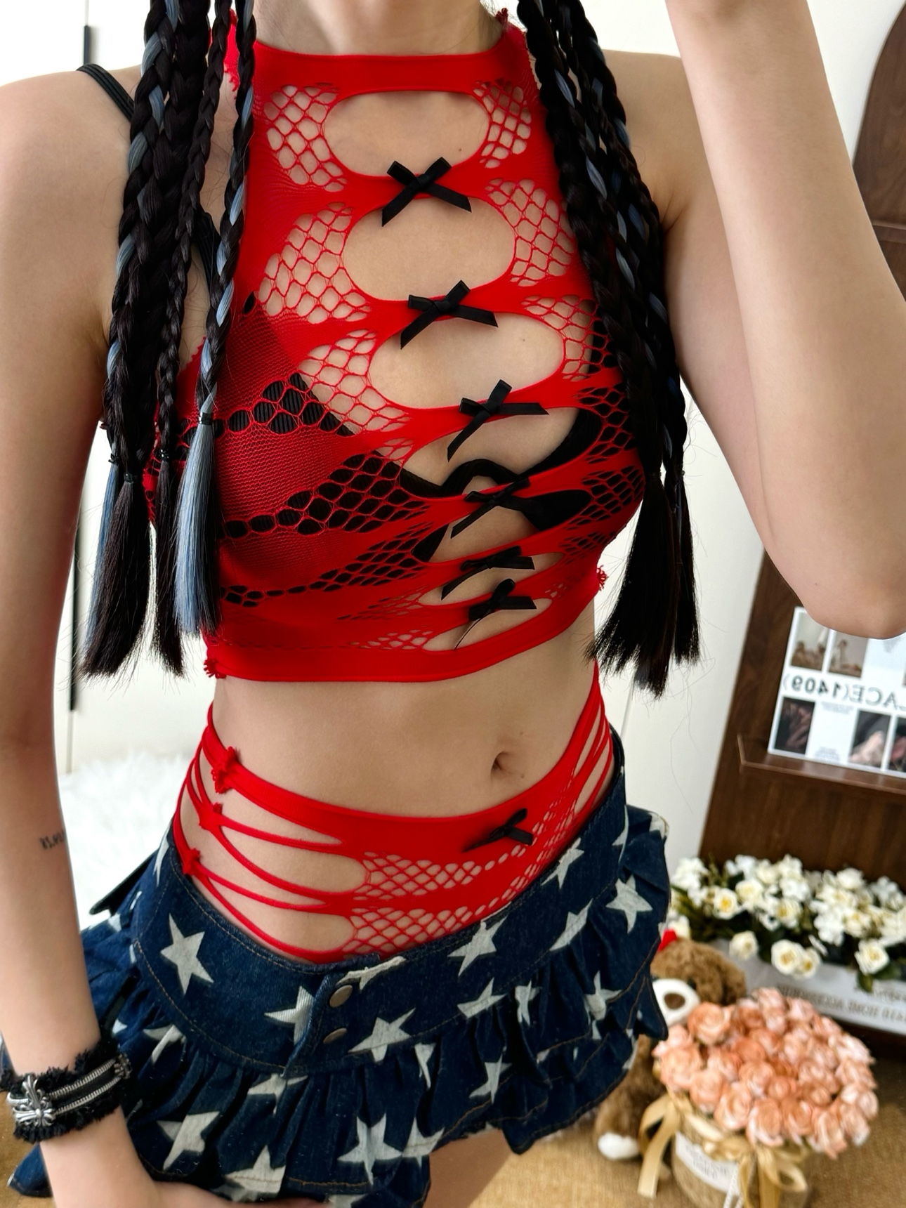 分体两件套辣妹蝴蝶结镂空网衣