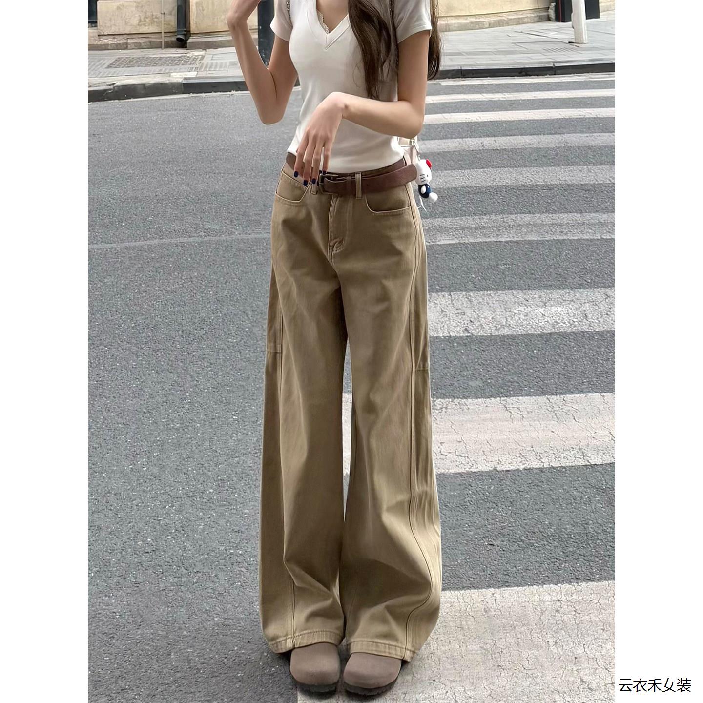 美式复古卡其色直筒牛仔