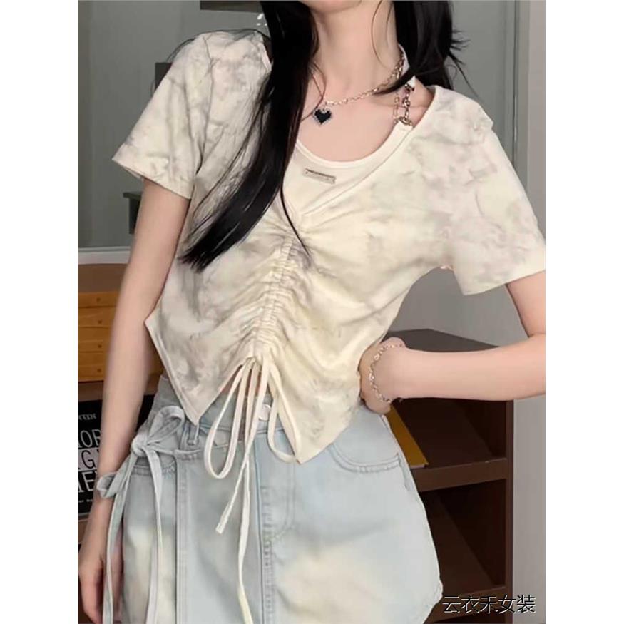 大尺码夏季设计感挂颈短款短袖T恤女胖mm假两件高级感显瘦正肩上