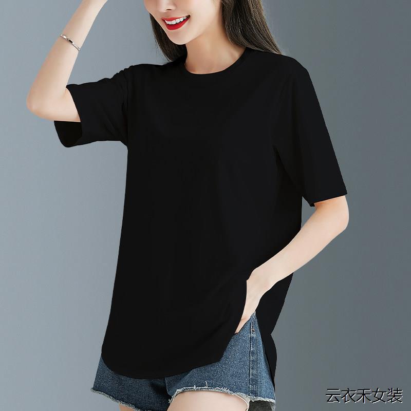 黑色不规则莫代尔棉短袖t恤女夏季纯色宽松大尺码设计感小众T恤衫