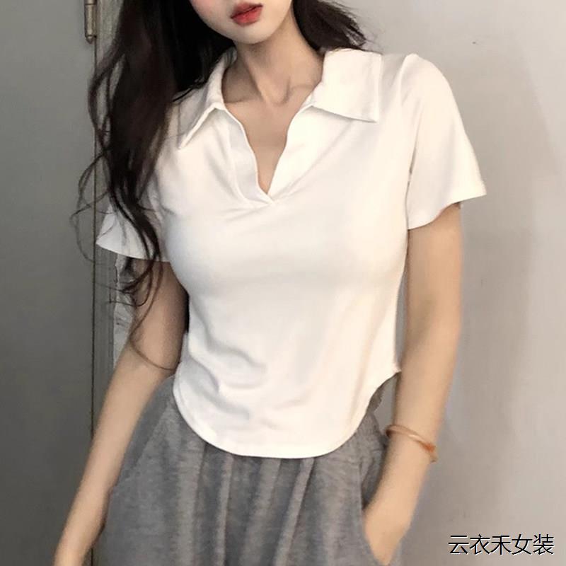 2026夏季新款正肩polo白色短袖T恤女独特漂亮超好看小衫短款上衣
